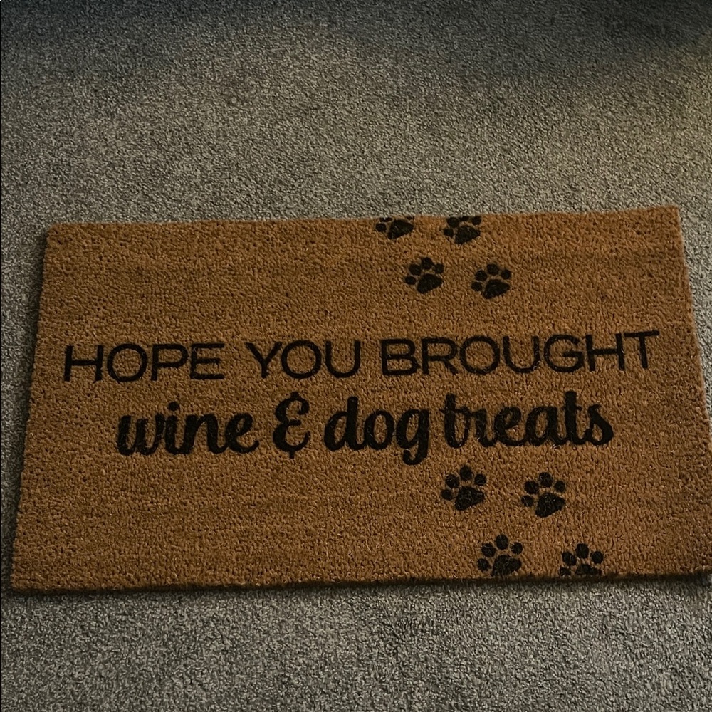 Funny Welcome Doormat with Dog and Wine Design